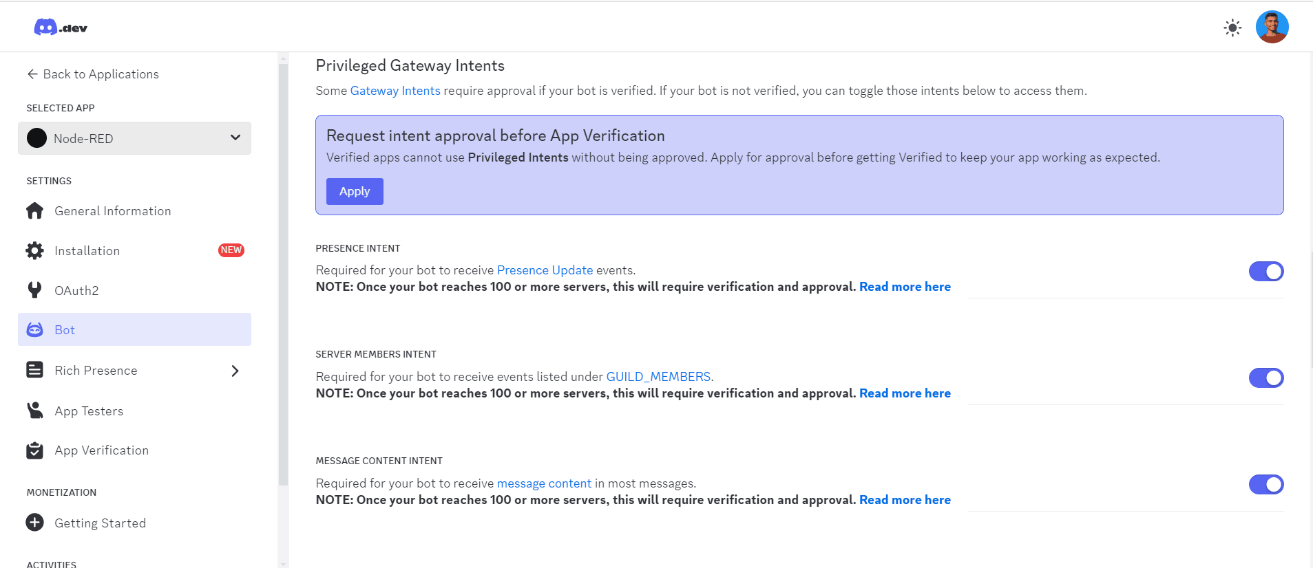 Screenshot showing the 'Privileged Gateway Intents' options "Screenshot showing the 'Privileged Gateway Intents' options"